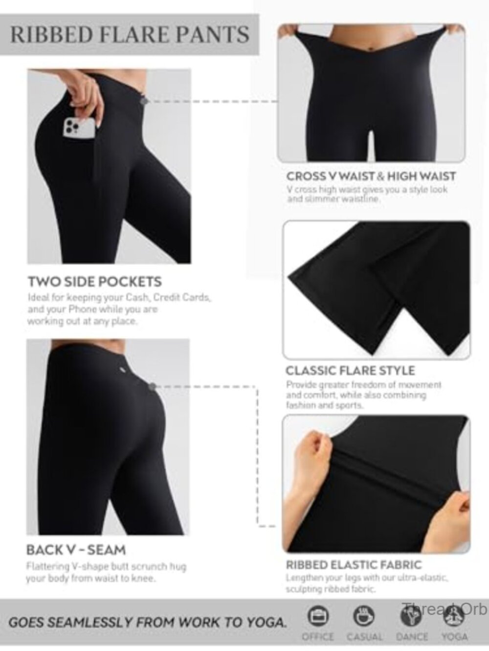 High Waist Ribbed Flare Leggings with Side Pockets for Yoga and Casual Wear - Picture 4 of 6